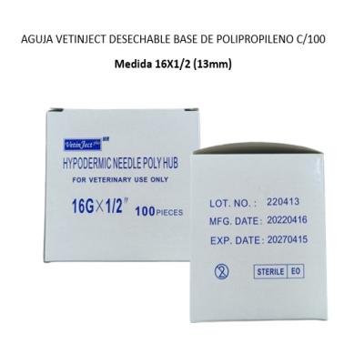 AGUJA VETINJET DESECHABLE BASE DE POLIPROPILENO MEDIDA 16X1/2 (13mm) C/100